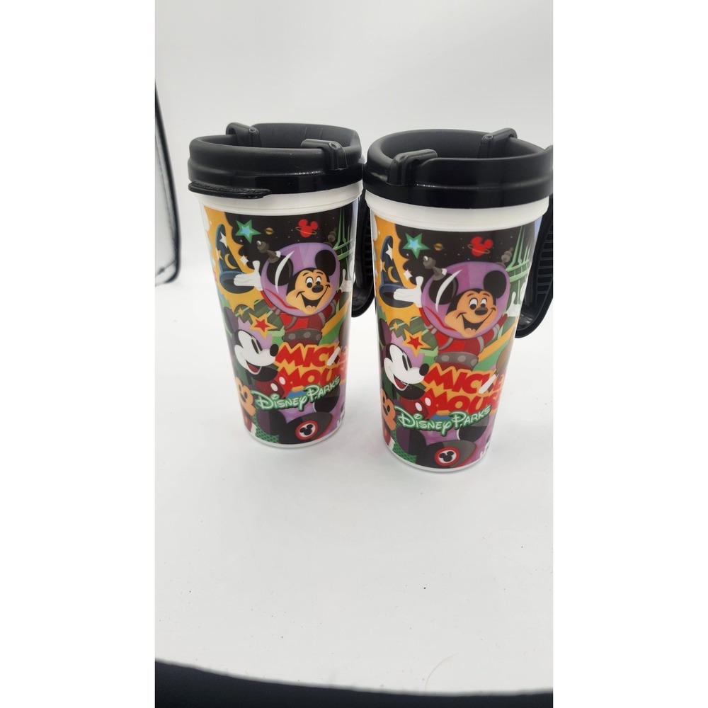 Disney Parks Mickey Mouse Travel Mug Set of 2 Plastic Tumblers with Lids Handles